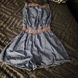 Blue Denim Romper with Embroidered Waist